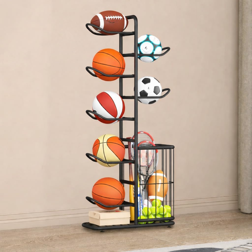 MLUPODY Estante organizador de pelotas deportivas de 7 unidades – Soporte metálico multifuncional para garaje o interior, ideal para balones, juguetes y equipo deportivo, color negro (146 cm de alto)