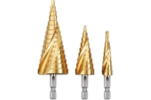 Rovtop 3PCS Foret Fraise Meche Etage, HSS Inox Metal, 4-12/20/32mm, Triangle Conique Titane, avec Tige Hexagone, Pour Visseuse Percage sur Acier, Laiton, Bois, Plastique
