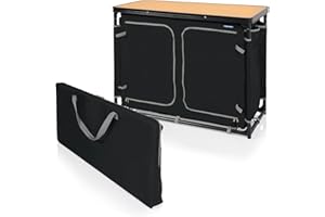 ‎CAMPART Campart Camping Küche Zaragoza – 2 Fächer mit je 3 Ablagen – 4 Seitentaschen – 4 verstellbare Füße – Inklusive Tragetasche – Schwarz/Bambus – KI-0774