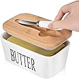 Large Butter Dish with knife Holds Up to 2 Sticks Ceramics Butter Keeper Container with Bamboo Lid and Stainless Steel Double-layer Silicone Sealing Butter Dishes with Covers Good Kitchen Gift White