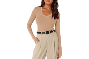 Fisoew Damska koszulka z długim rękawem, okrągły dekolt, rozciągliwa, jednokolorowa, prążkowana, krój slim fit, górna część z otworami na kciuki