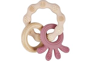 Vicloon Gryzak dla niemowląt, zabawka z silikonu i drewna, pomoc w ząbkowaniu, nie zawiera BPA, łagodzi ból, dla dzieci od 3 miesięcy (ośmiornica, ciemnoróżowa)