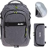 im Hauptfach Einteilung, auch für Bücher / Hefte oder Laptop / Boden gepolstert, Außentaschen für Flaschen, Polsterrücken, Brustgurt, Polsterträger, Tragegriff, Kompressionsgurte, Deck-Pack Gurt an der Front, Reflektor