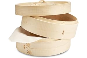 Florauspicious Cuiseur vapeur en bambou fait à la main, design traditionnel à 2 étages – pour raviolis, riz, dim sum, légumes, poisson et viande – avec 2 chiffons en coton (25,4 cm)