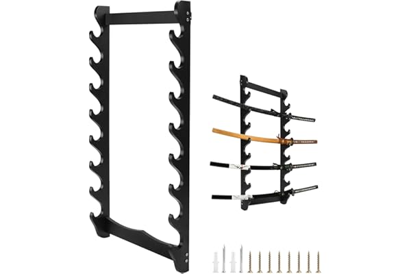 SWAWIS 8 Tier Support d'Épée Montage Mural, Bois Katana Stand, Largeur 32cm, Porte-épée Samouraï Présentoir pour Suspendre Cannes à Pêche Katana Épées Flûtes