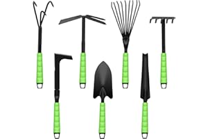 Kizaten 7Pcs Set di Attrezzi da GiardinoKit Giardinaggio con Doppia Zappa,Piccolo Coltivatore,Zappan,Raschietto per Giunti,Rastrello a Mano,Cazzuola per Fiori per Coltivare e Mantenere il tuo Giardino