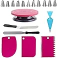 MARGI ENTERPRISE Plastic, Stainless Steel Cake Baking & Making Tools Combo and Store-Turn Table, 12 PC Nozzle Set, Straight & Angular Knife
