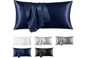 RUIKASI Federe in Raso 50x80 Blu - Set di 2 Federe Cuscini Letto 50 x 80 cm, Chiusura a Busta, Satin Pillowcase, Morbidi Per Proteggere Capelli e Pelle, Blu Navy