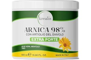 KREALIS 500ml Arnica per Cavalli Uso Umano 98% Extra Forte, Arnica Gel Forte Potenziata con Artiglio del Diavolo Forte, Crema Arnica Massaggio a Muscoli e Articolazioni Azione Intensa, Made in Italy