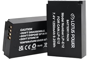 LOTUS POWER LP-E12 Ersatzakku, 1250mAh 7,4V Li-ion Akku LPE12 für Canon EOS M/EOS M2 / EOS M100 / EOS M200 / EOS M50 / EOS M50 Mark II/EOS 100D / PowerShot SX70 HS (2 Akkus)