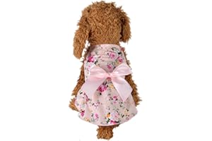 HshDUti Sweetie Bowknot Dog Dresses For Small Dogs Cats, Princess Doggie Shirts Girls Puppy Shirt Spring Summer Dog Clothes Flower Print Cotton Dog Costume Outfit Pink L