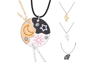 LHOEST 3-pak damskich naszyjników przyjaźni, łańcuszek przyjaźni na 3 łańcuszki, złoty, srebrny, czarny, gwiazdy słońca, księżyc, dla 3 dziewcząt, prezent, kryształowy łańcuszek, wisiorek, skóra,