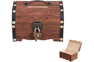 DAGORD Salvadanaio Vintage in Legno 14,5x10,5x10 cm Scrigno del Tesoro in Legno Vintage Naturale Scatola del Tesoro Forziere Legno Piccolo con Chiusura Cuoreper Riporre Monete
