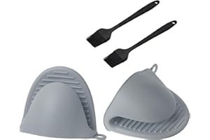 tifanso Silicone Oven Mitts for Air Fryer - Mini Oven Gloves - Heat Resistant Finger Gripper Mittens Rubber for Air Fryer, BBQ Grill, Cooking and Baking w/ +2 Oiling Brush (Grey)