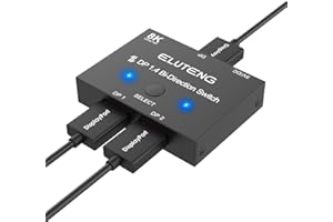 ELUTENG 8K Displayport Switch, Bidirectional Displayport Splitter Converter DP 1.4 Switch 8K @ 60Hz, 4K @ 120Hz, DP Switcher 1 to 2/2 in 1 out with LED indicator for PC Laptop Monitor Projector TV
