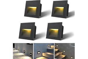 Arotelicht 4pcs/3W Wall Recessed Stair Lights LED,Warm White,Indoor Step Light,Square Recessed Wall Light,Black Cover Staircase Light IP44 for Indoor Outdoor Stairs, Home, Kitchen, Attic, Aisle