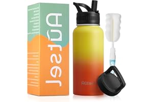 Autsel Botella de Agua Térmica Botella de agua de acero inoxidable Sport 950ml Doble Pared 2 Tapas para Oficina Naranjada