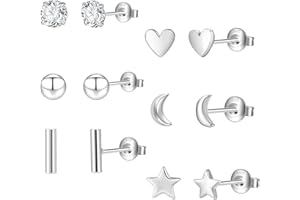 PABBEU 6Pairs Silver Studs Earrings for Women Sterling Silver Stud Earrings 6Pairs Silver Studs Earrings for Women Star Moon Ball Heart Sets for Teens Girls Gifts with Boxs