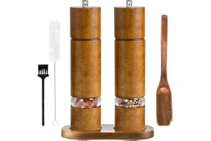 Uallsny Salz und Pfeffermühle Holz Gewürzmühle 2er Set mit Untersetzer Manuelle Pfeffer und Salzmühle Keramikmahlwerk Stufenlos Einstellbar Höhe: 21,5 cm
