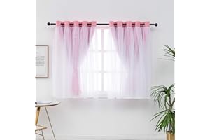 QINUO HOME Eyelet Curtains & Sheer - Kids Blackout Curtain with Hollow Out Design Mix Net Voile for Small Window Nursery Star Drapes for Girl's Room, 2 PCs, 46 in by 54 in, PINK LYON