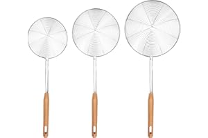 GENERIC Suuwwn Edelstahl Kochen Skimmer, Satz 3 Skimmer Löffel 5.5 6.3 7 Zoll Spinne Sieb Skimmer Kochutensilien Sieb mit Holzgriff Spinne Web Pfanne Draht Skimmer Schlitz Löffel
