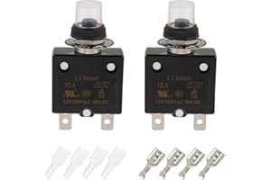 EPLZON 10A Disyuntor de botón de reinicio manual 125/250VAC 50VDC Protector de sobrecarga térmica con terminales de conexión rápida y cubierta de botón impermeable (paquete de 2 piezas)