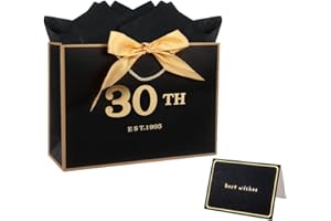 NWVUOP 30th Birthday Gift Bag with Tissue Paper and Card - 11.0× 8.0× 4.0 Inches Black 30th Gift Bag for Men Women