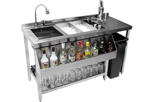 Monster Shop Cocktail Bar Station Stainless Steel 90L Insulated Ice Well Removable Dividers Floor Standing Workstation Large Sink 360 Swivel Mixer Tap Speed Rail Bin Void FREE Boston Cocktail Shaker