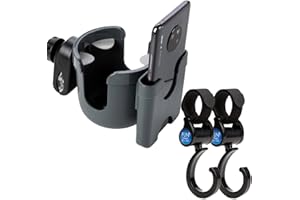 Funbliss Stroller Cup Holder with Phone Holder, Bike Cup Holder, Complimentary 2 Stroller Hooks, Cup Phone Holder for Stroller, Bike, Wheelchair, Walker, Scooter, Grigio