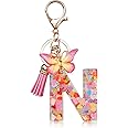 OSDUE Fashion Alphabet Initial Letter Keychain, Women Tassel Butterfly Pink Purple Cute Car Keyrin, Pink and Gold Resin Alphabet Keychain, Tassel Butterfly Pendant Key Ring for Wallet