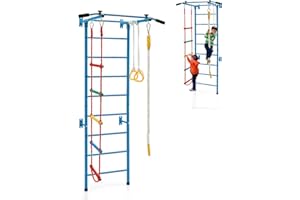 HOMASIS 5 en 1 Escalera Sueca de Pared, Escalera de Madera con Barra de Tracción, Escalera de Cuerda, Cuerda y Anillos de Gimnasia, Juego de Escalada para Adultos y Niños de 3 Años+ (Azul)