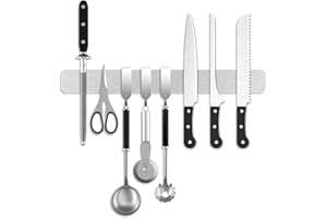 FOHIL 40cm Porte Couteaux Aimanté avec 3 Crochets 16in Couteau MagnéTique en Acier Inoxydable Blocs Couteaux Barre Aimantée Porte Couteaux Support Couteaux Aimanté pour Les Couteaux et Ustensiles de Cuisine