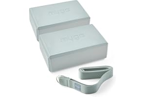 Myga Yoga Blocks & Strap Set - 2 High Density Foam Bricks and Metal D Ring Belt for Yoga, Pilates and Fitness - Support and Deepen Poses, Non-Slip and Lightweight for Home & Gym