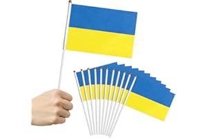 NUYOAH Flaga Ukrainy Zewnętrzna flaga Ukrainy Flaga machająca flagą 30 szt. 14 x 21 cm z białym masztem 30 cm Jasny kolor i odporny na promieniowanie UV