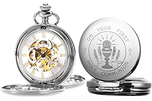 ManChDa Montre de poche pour communion, première communion/baptême St Christophe en étain avec chaîne pour homme, cadeau de confirmation, cadeau de Pâques, remise de diplôme