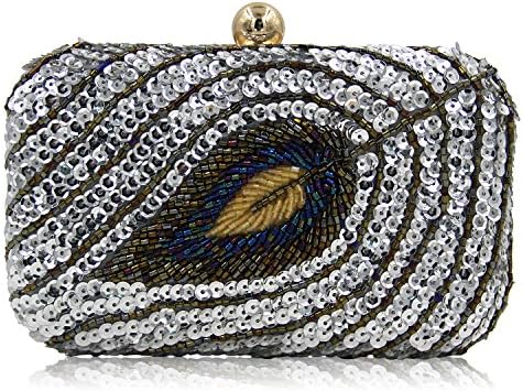 Chirrupy Chief®Sequins Peacock Feathers Pattern Clutch Purse Crystal Evening Clutch Bags (Silver)