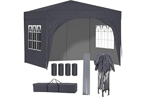 BIRCHTREE Pop Up Gazebo with Sides, 3m x 3m Waterproof with 2 Free Weather Support Beams 4 Gazebo Weight Bags. Garden Canopy Outdoor, Party Tent, 260g Polyester Powder Coated Steel Frame.
