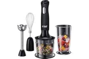 ‎RUSSELL HOBBS Russell Hobbs Stabmixer [3-in-1: Pürierstab/Zerkleinerer, Mixer- & Schneebesenaufsatz] Matt Schwarz (BPA-freies & spülmaschinenfestes Zubehör, für Smoothie, Suppen Saucen, Joghurt Babynahrung)24702-56
