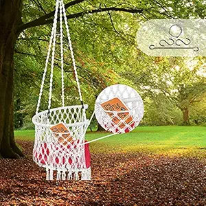 Patiofy Made in India C-Shape Premium Swing with Pocket to Hold Phone, Book, etc./ Swing, Hammock with Cushion & Accessories/Indoor-Outdoor Hanging Jhula for Adults & Kids / 150 Kgs Capacity (White)