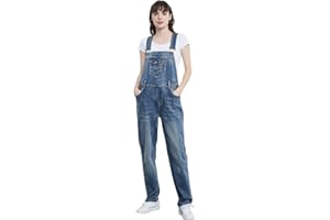 Anna-Kaci Womens Vintage Wash Straight Leg Denim Overalls with Pocket Bib