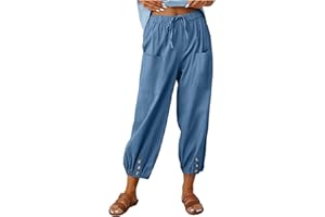 CHNNAMZU Pantalon en Lin Femme Fluide 7/8 Pantalon Taille Elastique Été Ample avec Cordon Décontracté à Jambes Léger Pantalon avec Poches Confortable Respirant Pantacourt Grande Taille