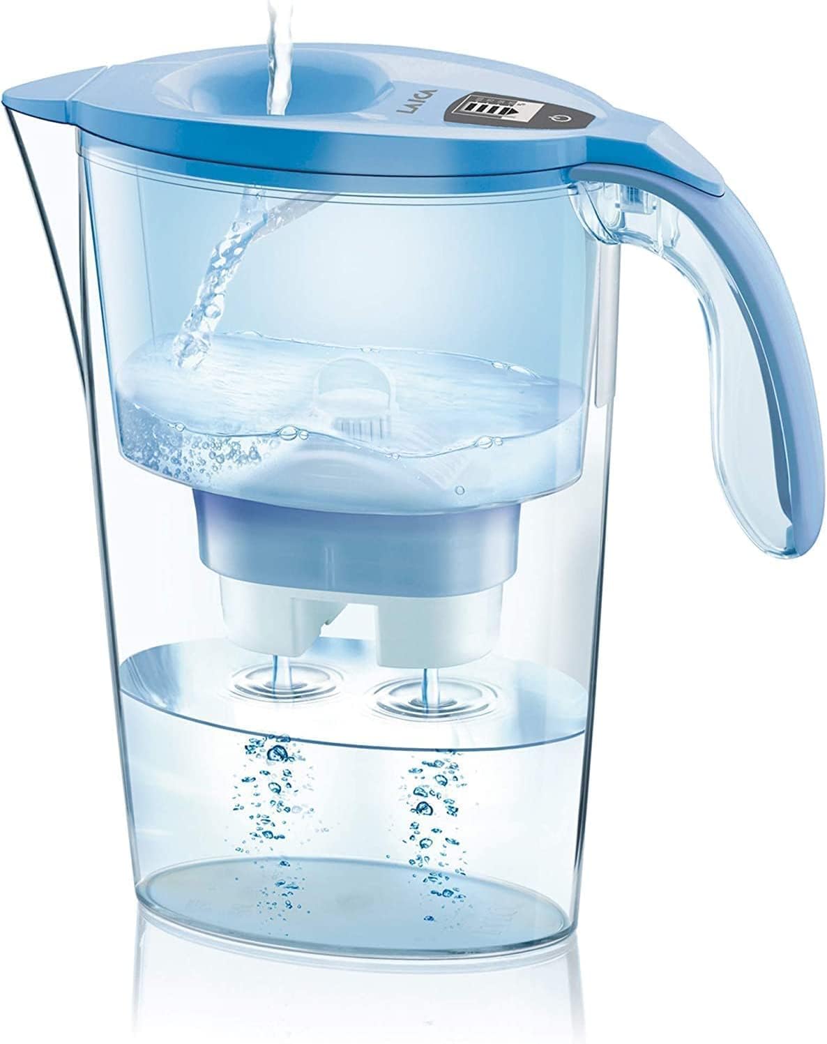 Jarra filtrante de agua LAICA Stream line (Edición en color) y 1 cartucho de filtro de agua Bi-Flux para 30 días - Tapa de llenado rápido, 2,3 L de capacidad total, 1,2 L de agua filtrada LAVANDA