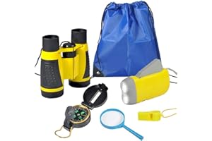 Yosoo Health Gear Ensemble de Jumelles pour Enfants, Kit Exploration d'enfants Jouets d'Extérieur avec Jumelles, loupe, sifflet, Lampe de Poche à manivelle, Boussole, sifflet, Sac à Dos à Cordon