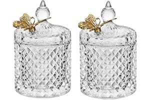 Ezebesta Juego de 2 botes de baño vintage con bonitas tapas de mariposa, juego de tarros de vidrio transparente grueso y grueso, dispensador para bolas de algodón y almohadillas, decoración de