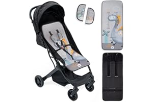 Interbaby Colchoneta Silla Paseo Universal para Verano | Dino Palmera Gris | Transpirable y Cómoda | Funda Carro Bebe 100% Algodón, 84x34cm, Protectores para Arnés
