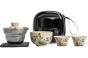 fanquare Juego de Té de Viaje Portátil con Bolsa de Viaje, Juego de Té de Porcelana con Motivos de Pájaros y Flores, Tetera con 2 Tazas de Té y Caja de Té