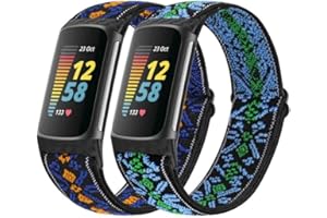 Vodtian Elastic Straps Only Compatible with Fitbit Charge 6/ Charge 5 Strap, 2 Pack Stretchy Adjustable Nylon Loop Braided Replacement Sport Wristband for Charge 5/Charge 6 Activity Tracker Women Men