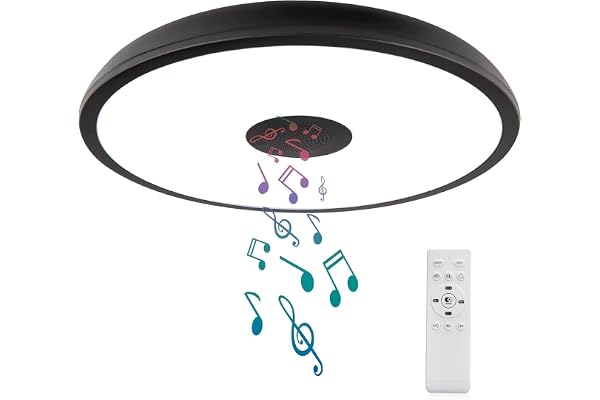 Horevo Plafonnier LED de Salle de Bain avec Télécommande, IP65, Diamètre : 28 cm, Lumière à Intensité Variable, avec Haut-Parleur Bluetooth, Lampe de Salle de Bain étanche avec Adaptateur à vis E27