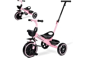 KRIDDO 2-in-1 Kinder Dreirad für 18 Monate bis 5 Jahre - mit verlängerter Schubstange für müheloses Schieben, Kinder 3-5 Jahre, Dreirad mit klappbarer Fußstütze vorne, Rosa