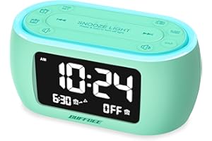 Buffbee Radio sveglia da comodino con luce notturna a 7 colori, doppia allarme, snooze, dimmer, sveglia digitale con radio FM, alimentazione a rete con batteria di backup (verde menta)